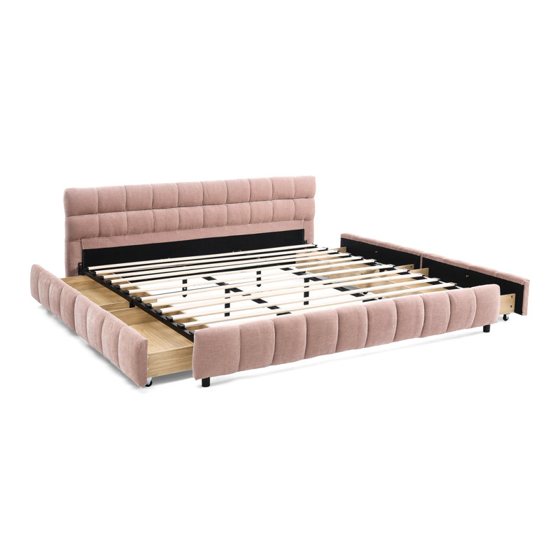 Très grand lit rose avec revêtement et rangement en chenille - Tiroir en tissu de style moderne confortable, Rose