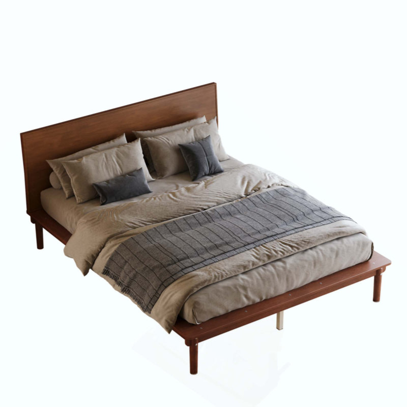Base de lit plateforme de style Mid-Century moderne, lit en bois à base basse avec tête de lit subtilement inclinée, rails latéraux élargis pour un support à lattes robuste, aucun sommier requis, assemblage facile