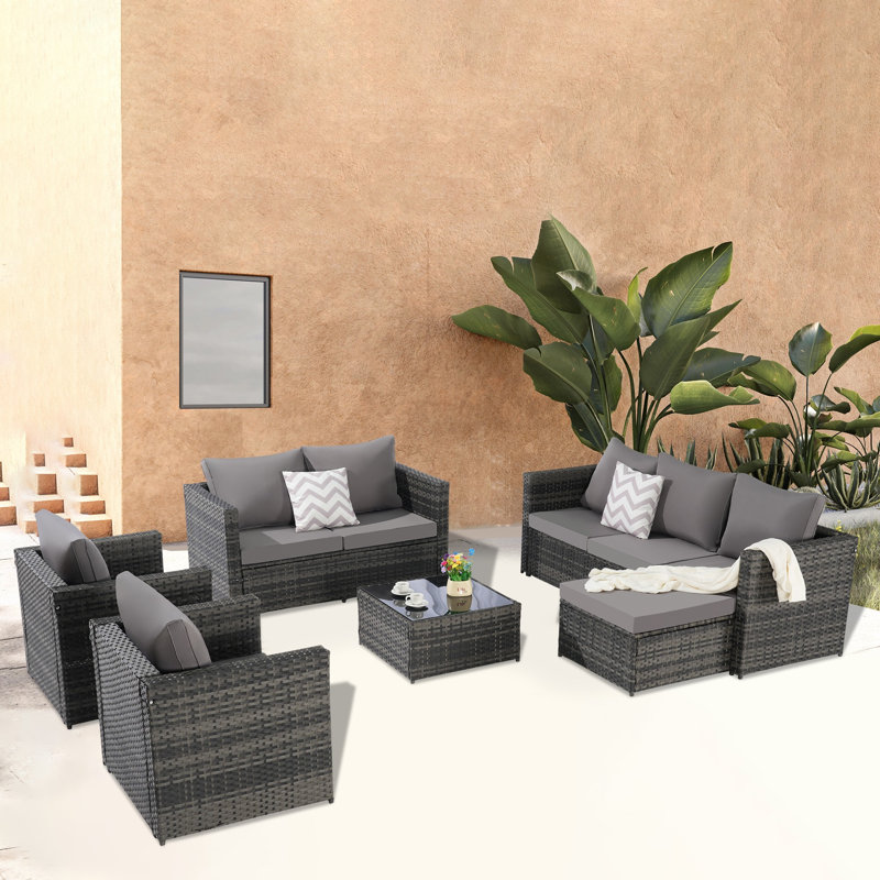 Ensemble de conversation 6 pièces en osier avec table en verre et coussins pour le jardin, Gris foncé