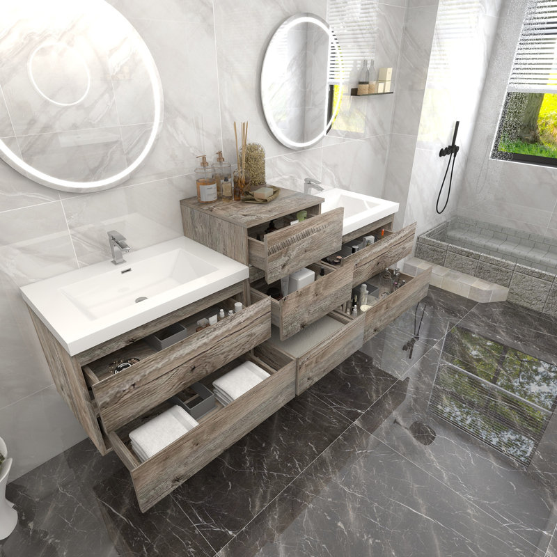 Ensemble de meuble-lavabo mural double 91 po Moreno Bailey, Bois naturel