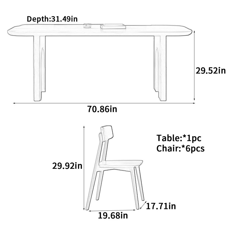 Table de salle à manger haut de gamme en bois massif, H 29,52 po x L 70,86 po x l 31,49 po