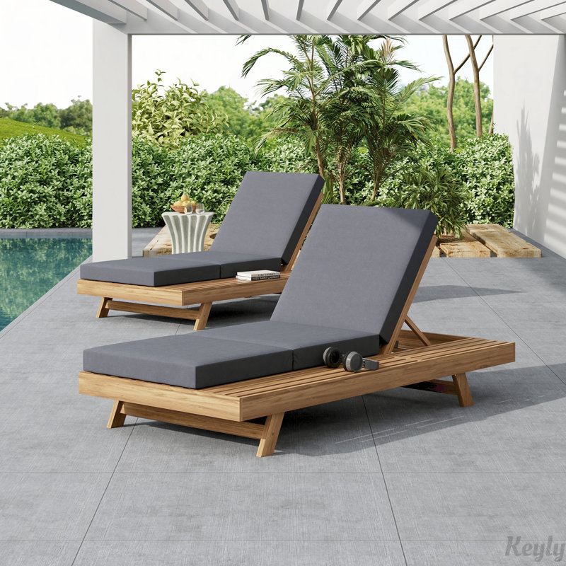 Ensemble de méridienne, espace disponible sur un côté, bois d'acacia massif brun clair avec coussin de détente (crème et triple pli) - version gris foncé assortie disponible