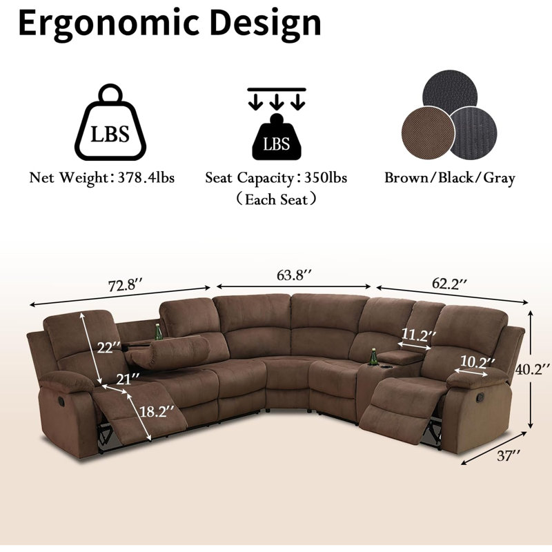 3 - Piece Modern And Overstuffed Soft Manual Reclining Sectional With Cupholders And Storage, Brown