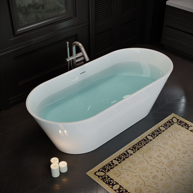 Baignoire autoportante en acrylique, baignoire autoportante ovale avec drain chromé Toe-Tap et trop-plein rainuré classique, certifié Cupc, blanc brillant