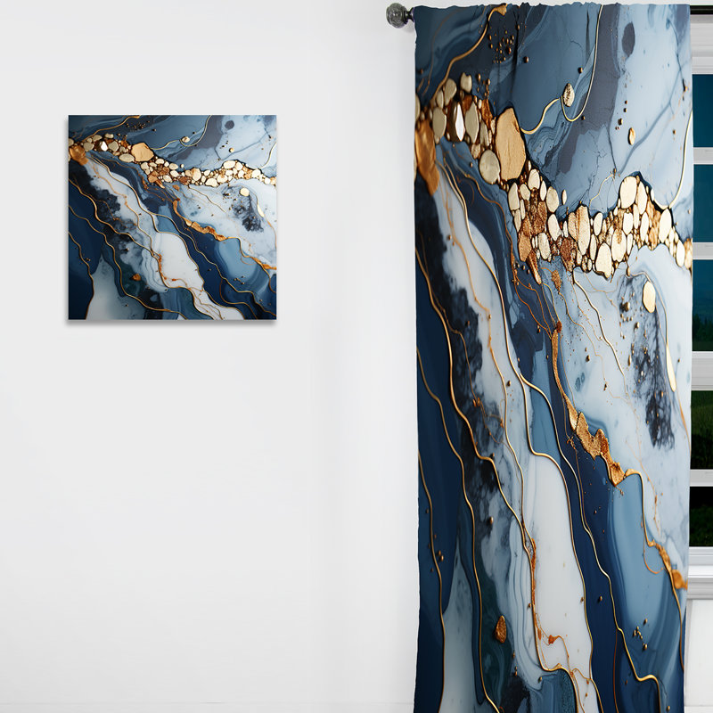 Rovel Gold And Blue Geode Art II - Liquid ink Curtain - Velvet Room Darkening - 1 panel, 52" W x 90" L