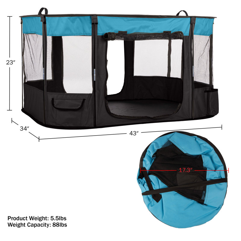 Parc pour chien PETMAker 43 x 34 x 23 pouces - Chenil pour chiots résistant aux égratignures - Enclos de jeu portable pour chiens, chats et autres petits animaux à l'intérieur / à l'extérieur - Sac de transport inclus, bleu