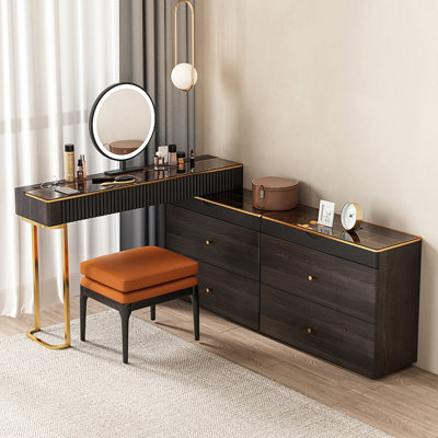 High-quality Makeup Vanity Set,Power Outlet, Glass Top,Corner,Very easy to assemble,Includes makeup stool