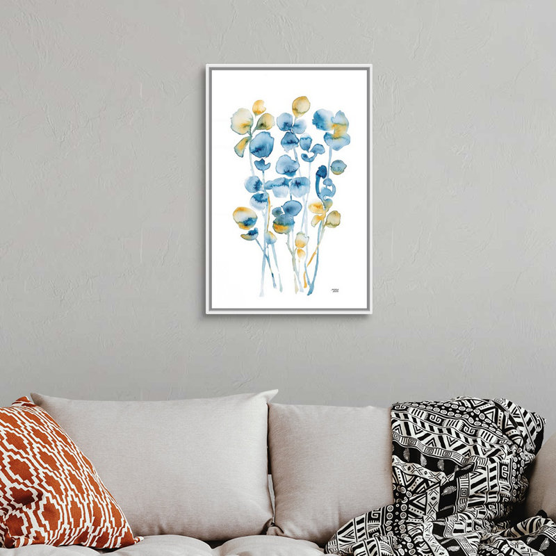 «Blue and Gold Watercolor Floral» par Andrea Bijou, reproduction d'art sur toile, H 32 po x l 22 po x P 1,75 po, Cadre blanc