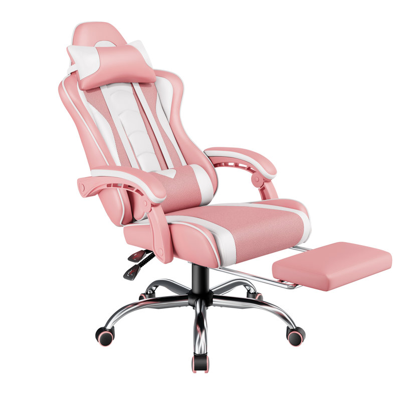 Fauteuil de jeu ergonomique avec coussin lombaire de massage, Rose/Blanc