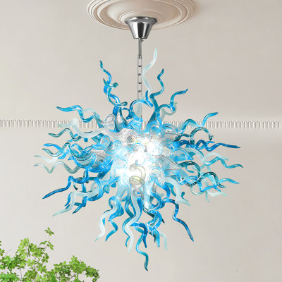 Blue Hand-blown Glass Chandelier With Gray & White, Modern Semi-flush Mount