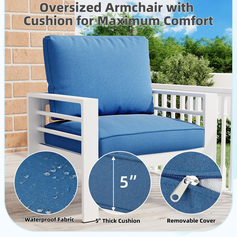 Ensemble de meubles de patio en aluminium avec foyer, Coussin bleu / cadre blanc