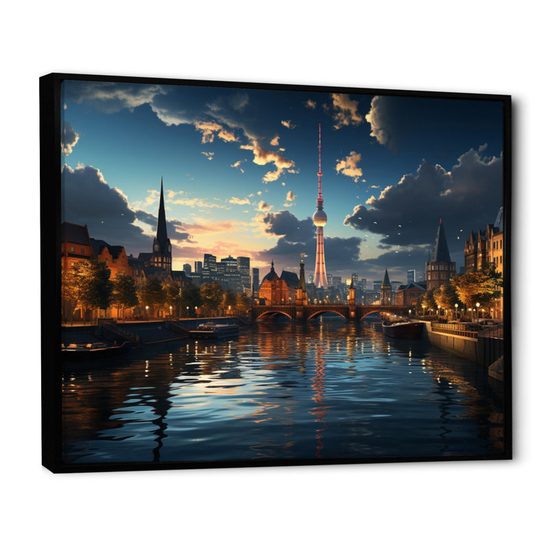 «Berlin Beautiful Cityscape Spot I - Berlin», reproduction d'art sur toile, H 34 po x l 44 po x P 1,5 po, Cadre photo noir
