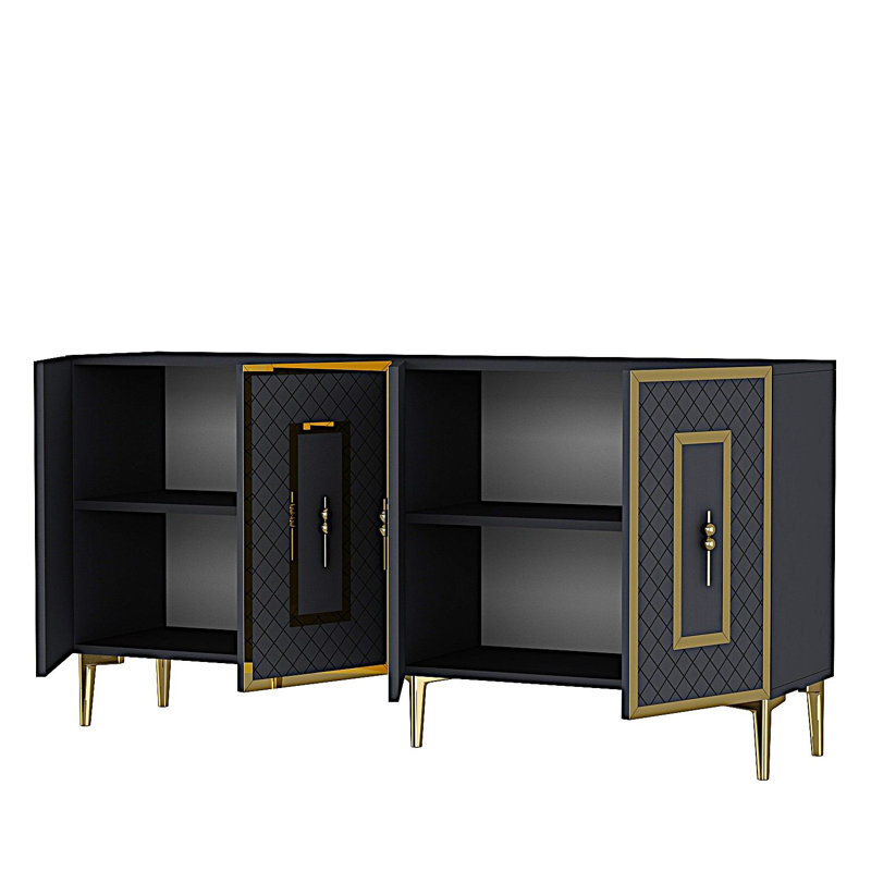 Console Adams, anthracite et or, 59,1 po x 29,5 po x 12,6 po | 100% panneau de particules enduit de mélamine, épaisseur: 0,7 pouce | Fixation murale avec de nombreuses tablettes, design géométrique élégant pour une décoration glamour