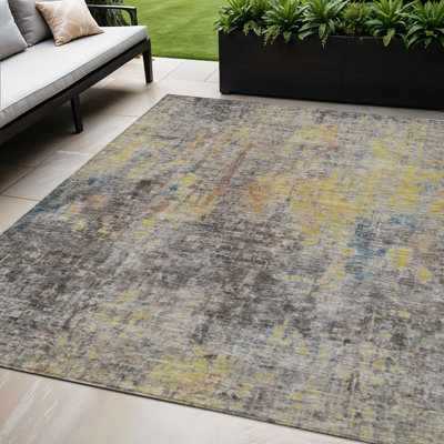 Tapis d'extérieur lavable abstrait brun et doré 5 pi x 8 pi