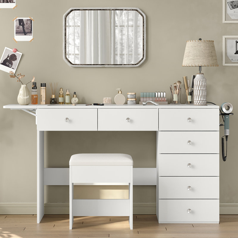 Coiffeuse sans miroir, 7 tiroirs, station de recharge, plateau en verre, panneau pliable, tabouret