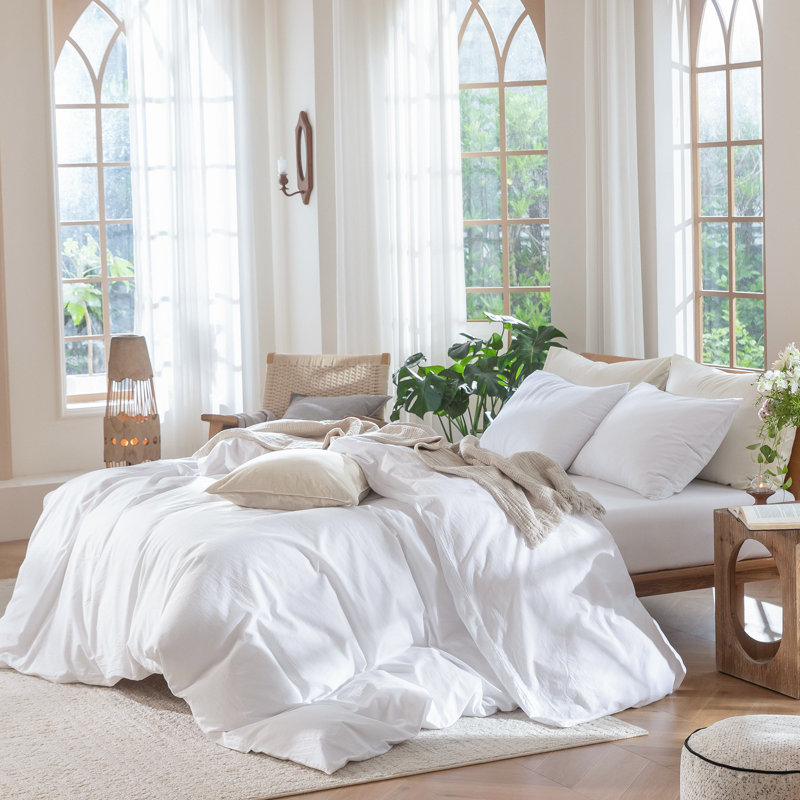100% Washed Cotton Linen Like Textured Duvet Cover Set, Bright White, King Duvet Cover + 2 King Pillowcases