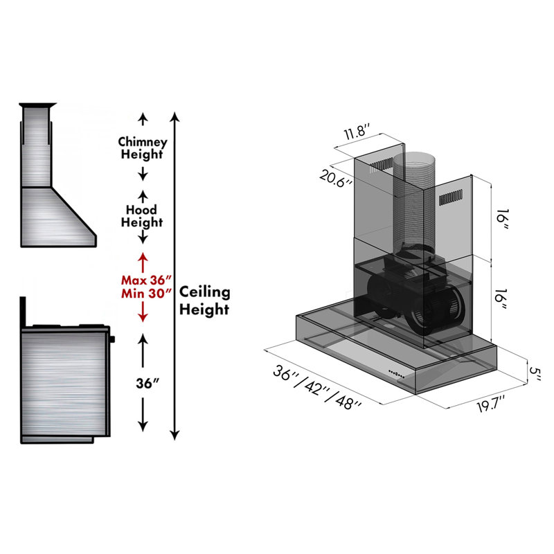 30" KECOM 500 CFM Convertible Wall Mount Range Hood in Brushed 430 Stainless Steel