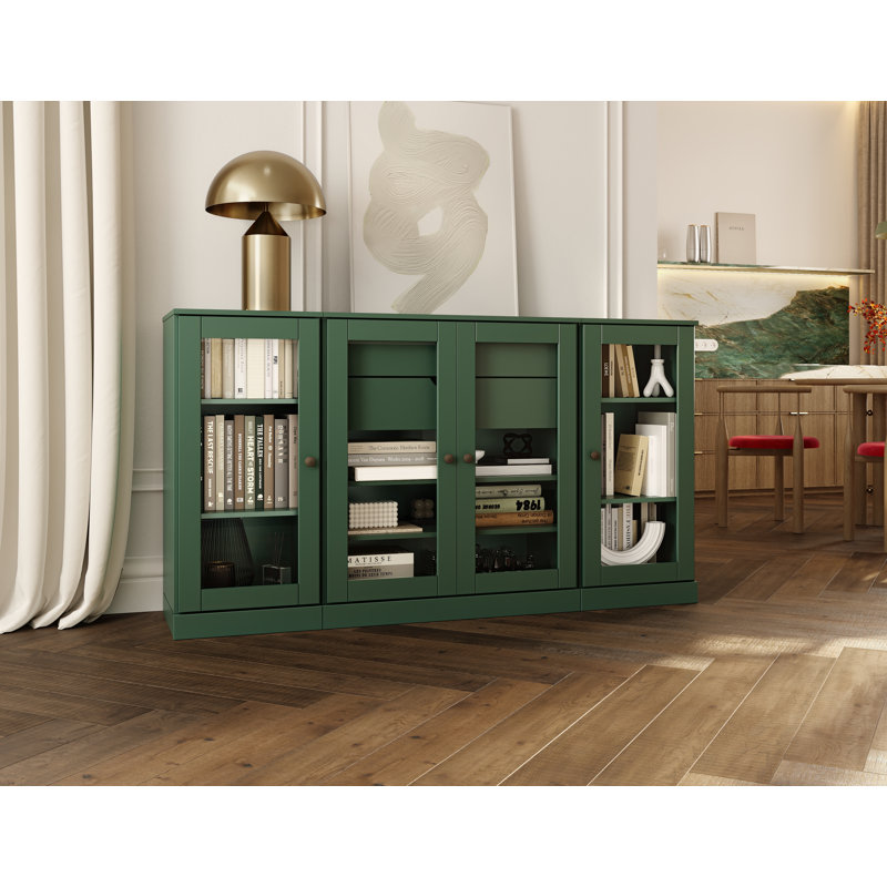 Buffet 100% bois massif 65 po avec portes en verre transparent, 2 tiroirs et tablettes réglables, Vert