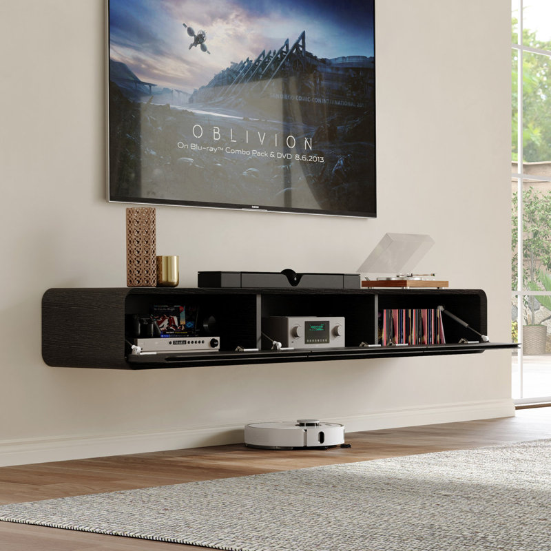 Meuble télé flottant, centre de divertissement avec 4 tiroirs, console multimédia flottante, bois massif, entièrement assemblé
