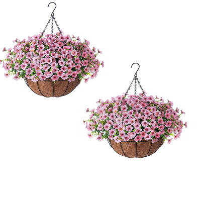 2pcs Artificial Outdoor Flowers with Hanging Basket, Faux Hanging Plants for Outside Spring Decoration, Fake Silk UV Resistant Look Real Daisy for Porch Patio Home Decor