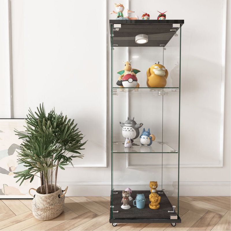 Modern Glass Display Cabinet With LED Lights, Quick-Assembly Antique Cabinet, Tempered Glass Bookshelf, Suitable For Living Room And Bedrooms, 1-Door 3-Shelf