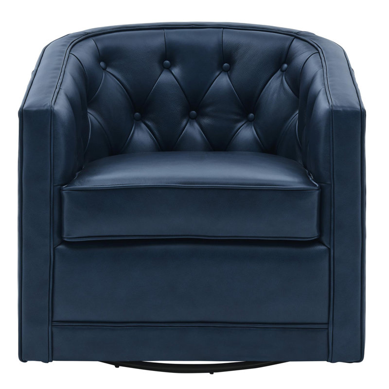 30" Tufted Top Grain Leather Swivel Barrel Chair, Blue