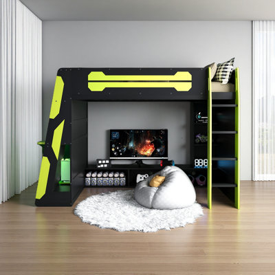 Lit mezzanine simple en bois avec bureau, tablettes multiples et lumière RVB