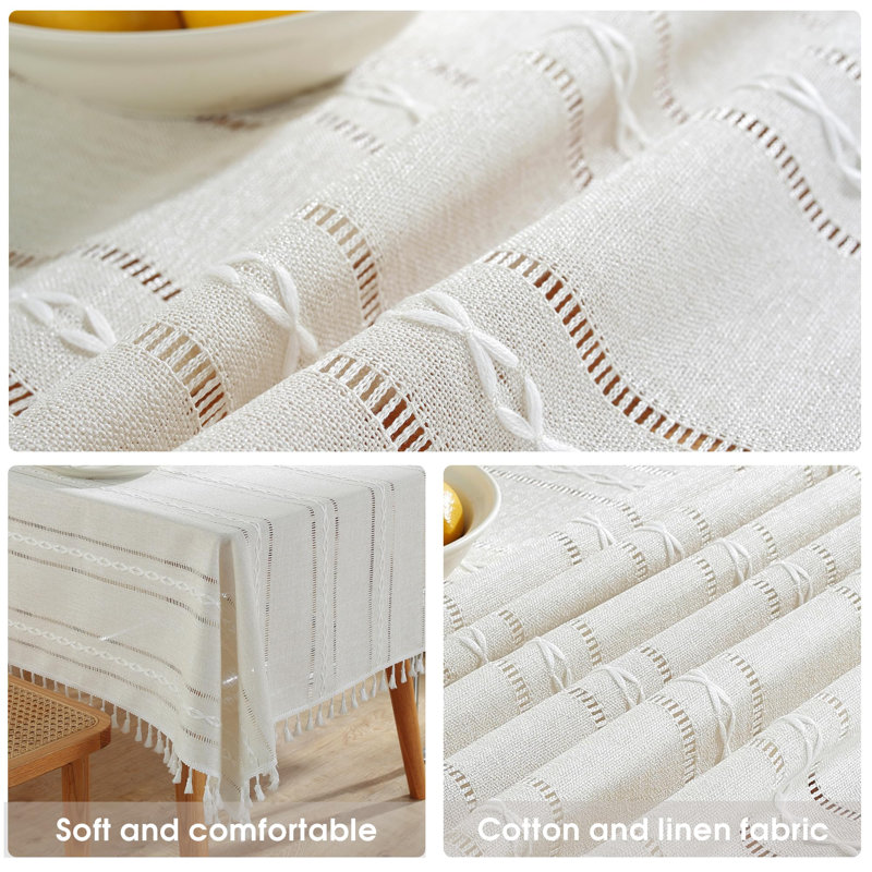 Cotton Linen Rectangular Tablecloth with Tassels, Washable, Wrinkle-Free for Kitchen, Dining, Party, White