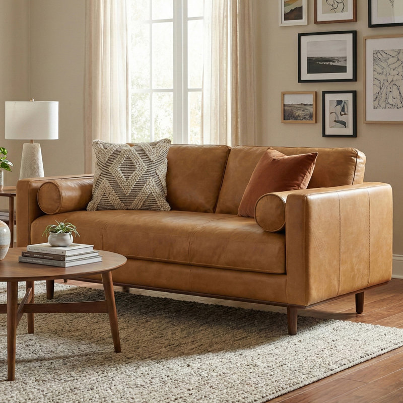 Morrison Genuine Leather Sofa, Mid-Century Modern Couch for Living Room, Handcrafted with Removable Cushions, 72" W