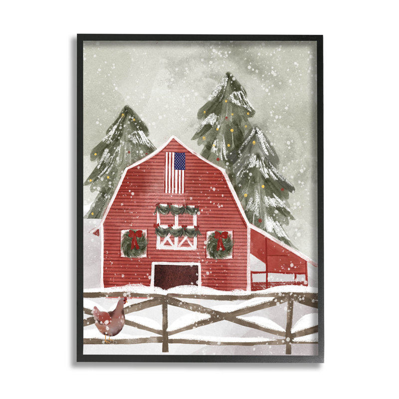 Snowy Country Barn American at-222, Giclée encadrée noir minuit, H 14 po x l 11 po x P 1,5 po