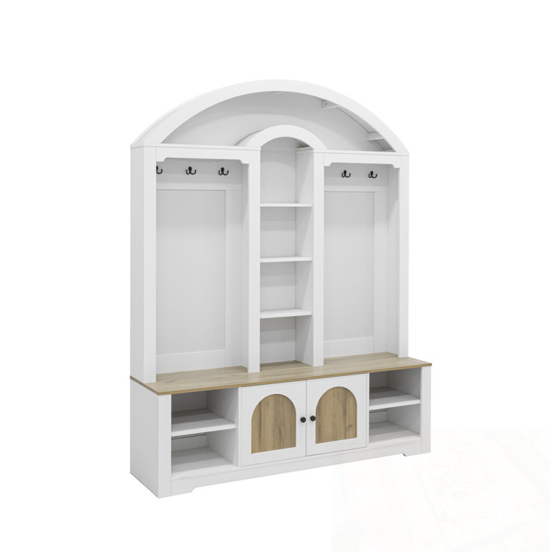 Multifunctional Hall Tree with Storage and Hooks, White/Walnut