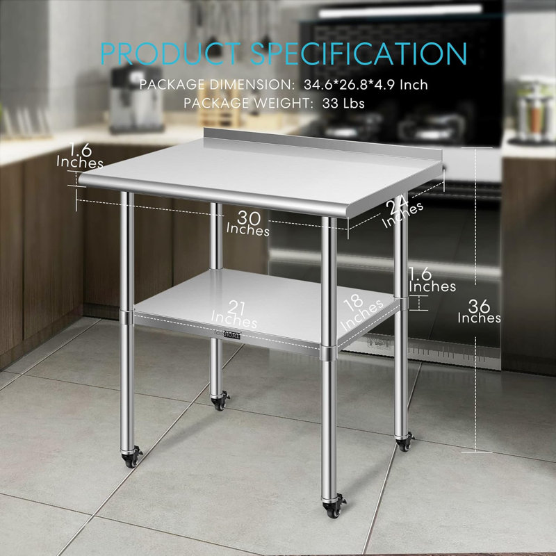 Table de travail en acier inoxydable avec dosseret et roues, H 24 po x l 29,2 po x P 28 po