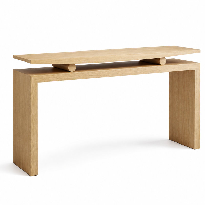 Console de 59 po avec placage en grain de bois naturel et colonnes de soutien en bois massif, table de canapé d'entrée de style flottant et pieds réglables pour le couloir ou derrière le canapé