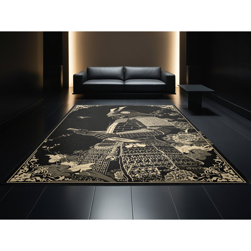 Tapis damassé classique Cilegon Samurai In Armour en noir lavable à la machine, 2 x 4