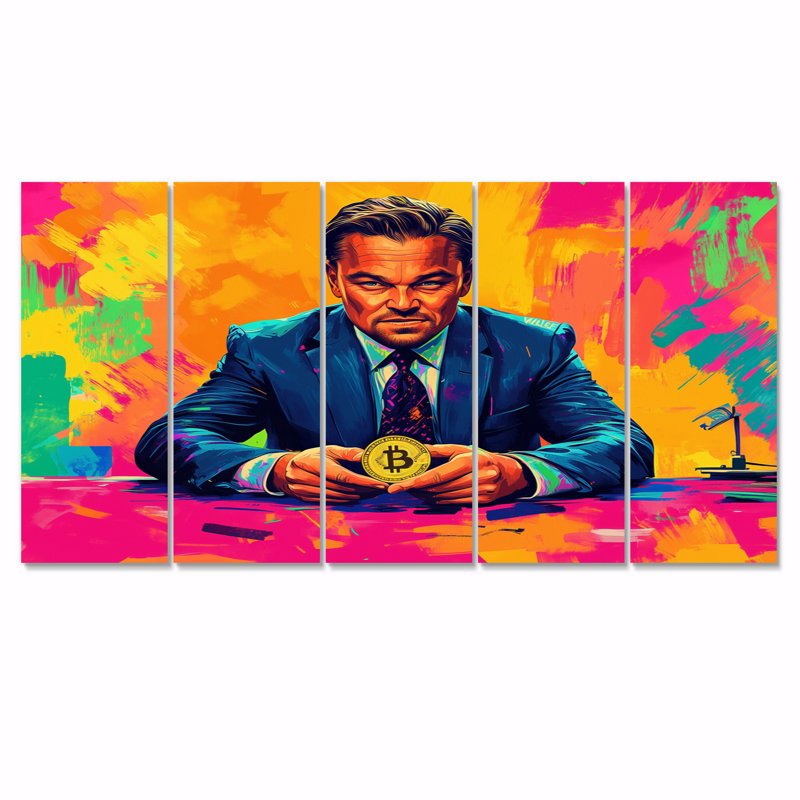 Popart Bitcoin Leonardo Dicaprio - loup de Wall Street, ensemble d'art sur toile, H 28 po x l 60 po