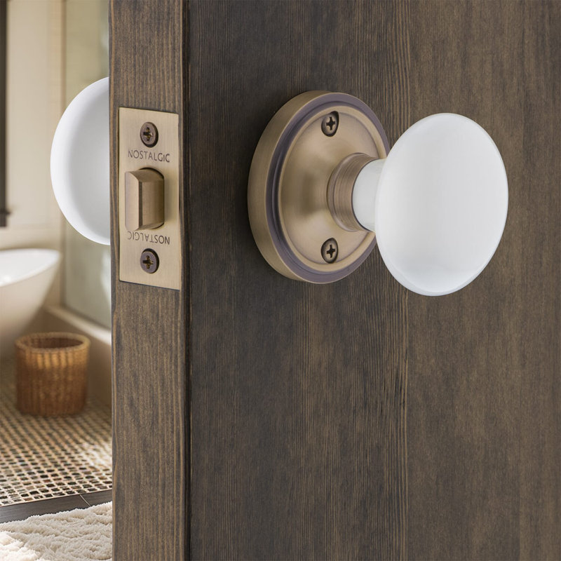 Classic Rosette with White Porcelain Door Knob, Antique Brass, 2.375"