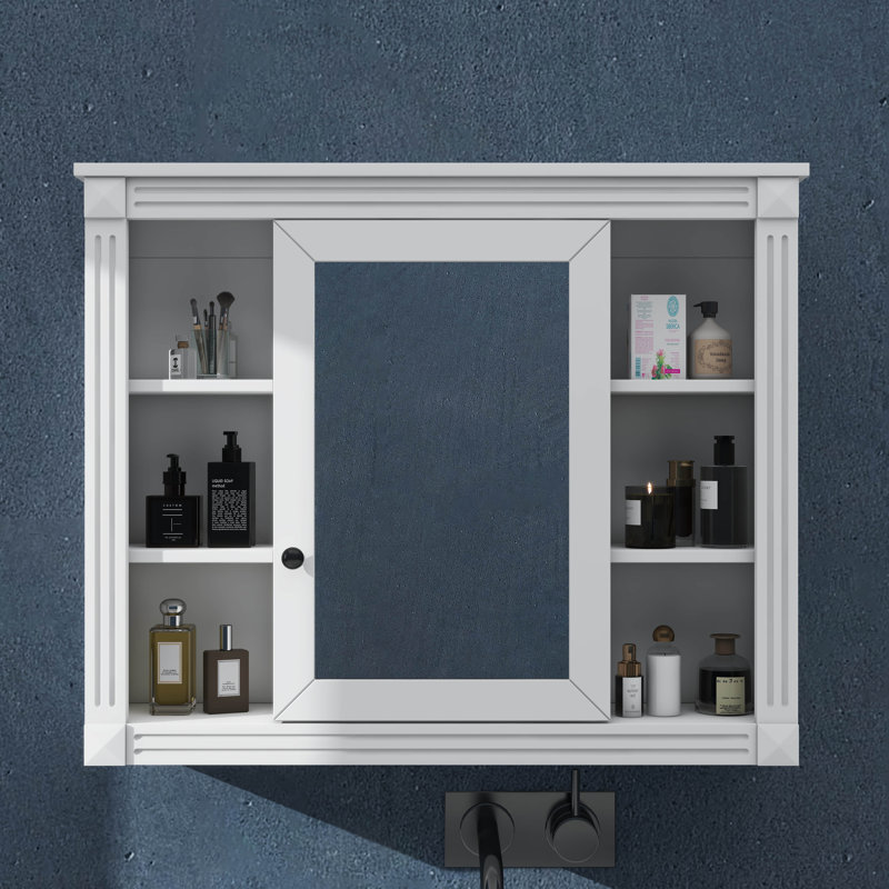 Armoire de salle de bain murale 35 po x 28 po avec miroir, comprenant 6 tablettes ouvertes, Blanc