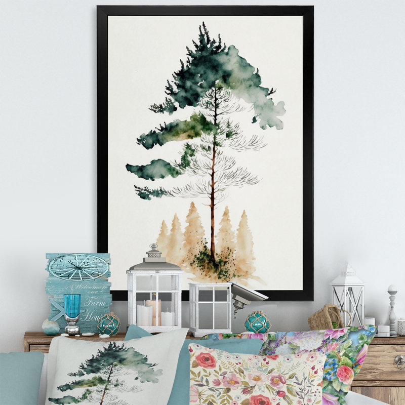 «Lonely Green Watercolor Tree I», reproduction sur toile, H 20 po x l 12 po x P 1 po, Cadre photo noir