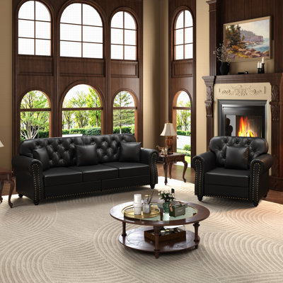 Mid-Century Modern 3-Piece Faux Leather Living Room Sets With Ottoman, Modern Chesterfield Sofa With Nailhead Trim And Button Tufted