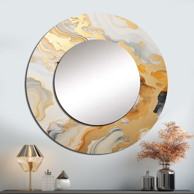 Ruzmira or et blanc Marble River - miroir mural en marbre, miroir décoratif rond doré, impression d'art en métal