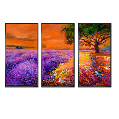 «Purple Lavender Fields Under An Orange Sunset II», peinture sur toile 3 pièces