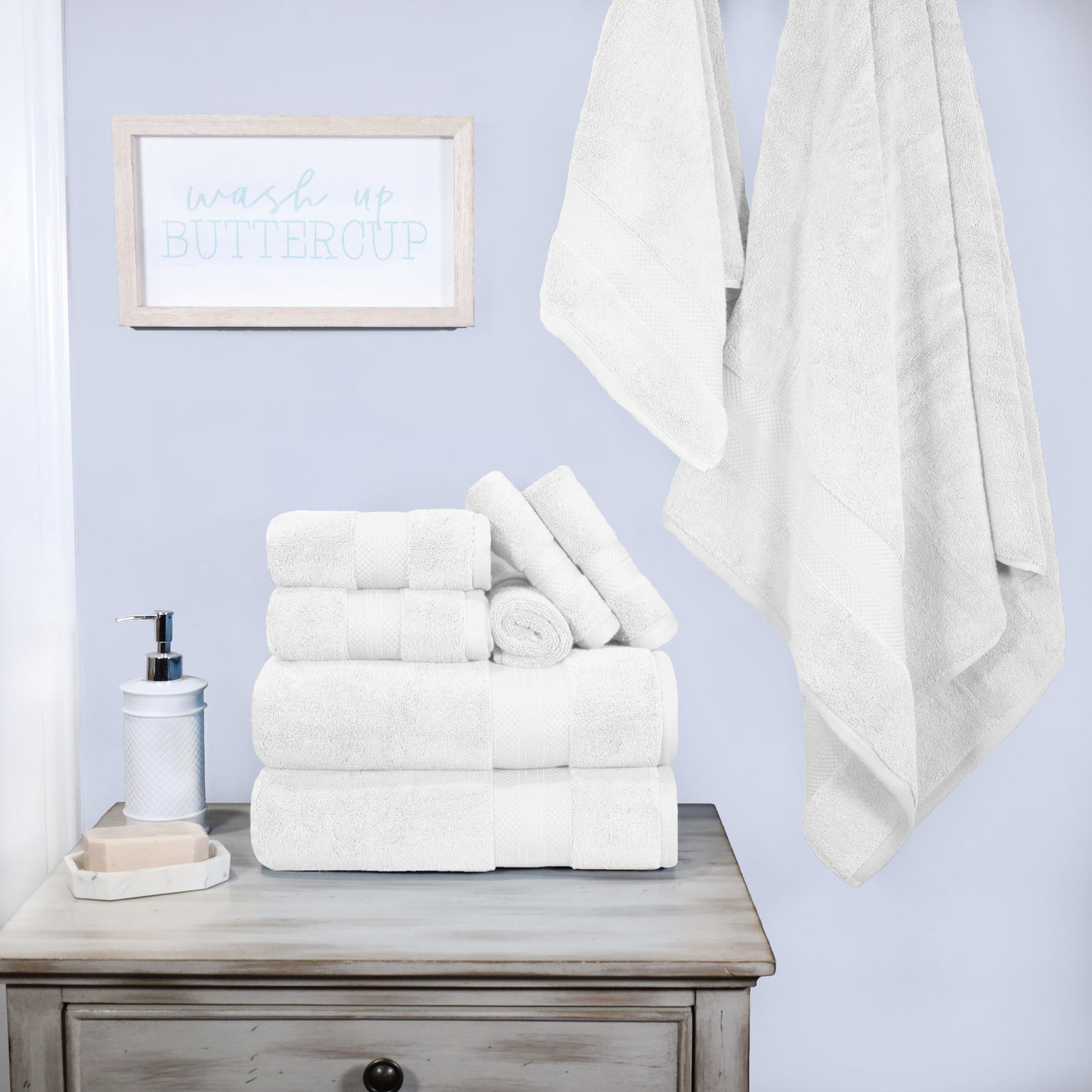 Finnian Turkish Cotton Bath Towel, White, 9 Piece Towel Set