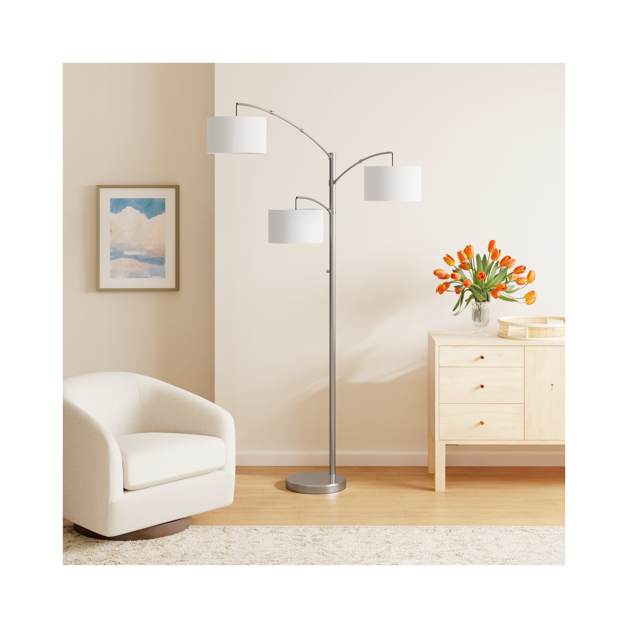 Atelier 82'' Floor Lamp, Textured White, Brushed Steel