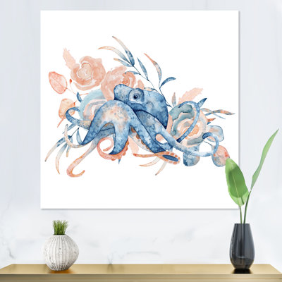 Blue Octopus With Pink Flowers - Nautical & Coastal Canvas Wall Art Print -  East Urban Home, 785514AF74C14B2DB9114893BC85E483