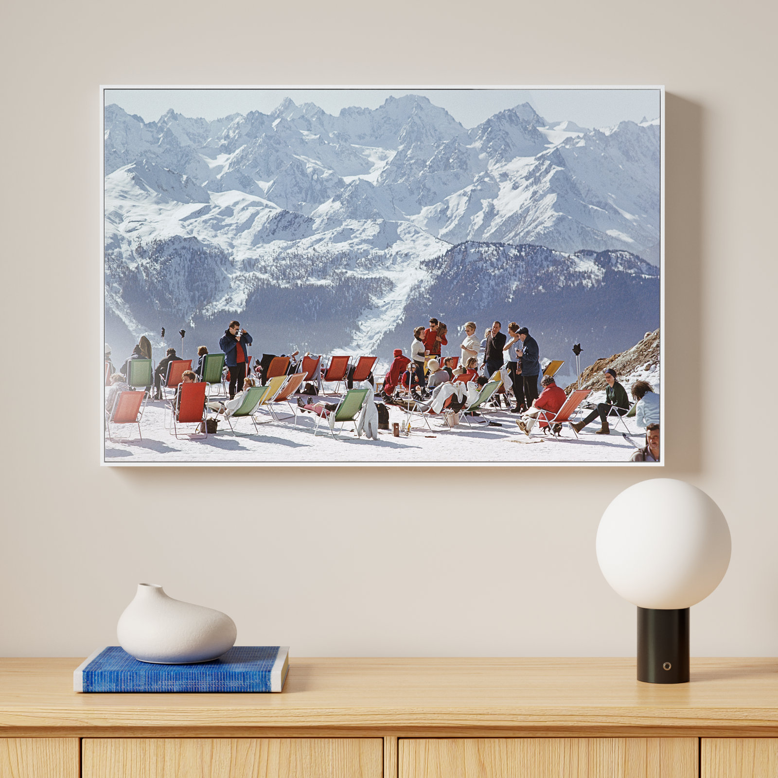 Beatrice "Lounging in Verbier" Print, 24" H x 36" W x 2" D, White