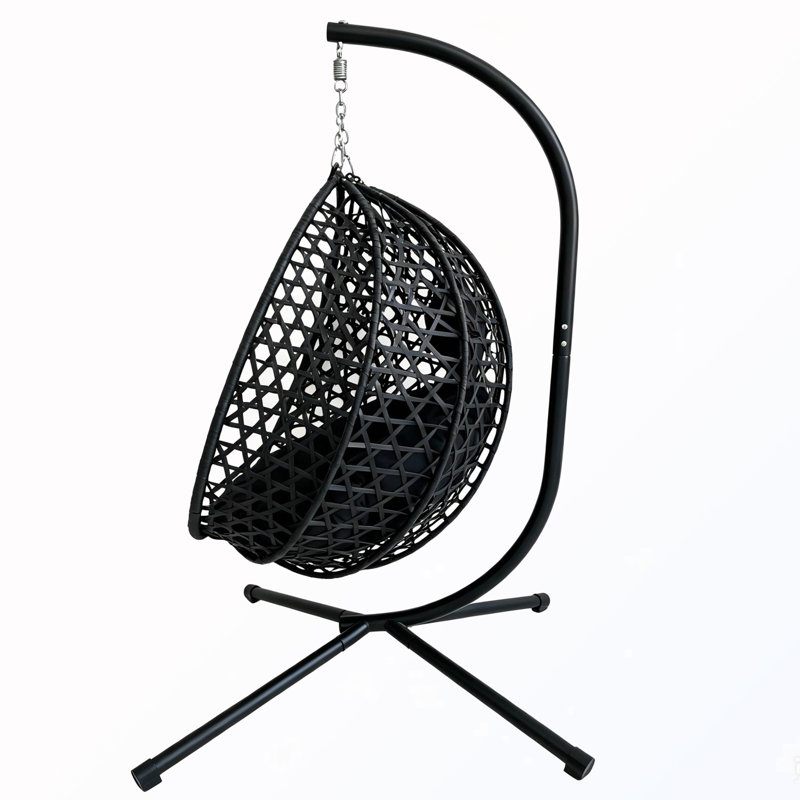 Foldable Hanging Egg Chair with Stand and Cushion, Black, Black