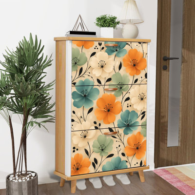 Shoe Storage Cabinet with 3 Flip Drawers for Floral Orange Blue Cream Flowers Beige Shoe Rack Storage Organizer