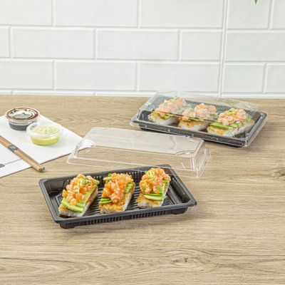 Restaurantware Plastic Sushi Trays 100 Pack of 8.2 x 5.3 x 1.57 Inch With Clear Lids Leak-Resistant Sushi Take Out Boxes Stackable Containers For Grab-And-Go