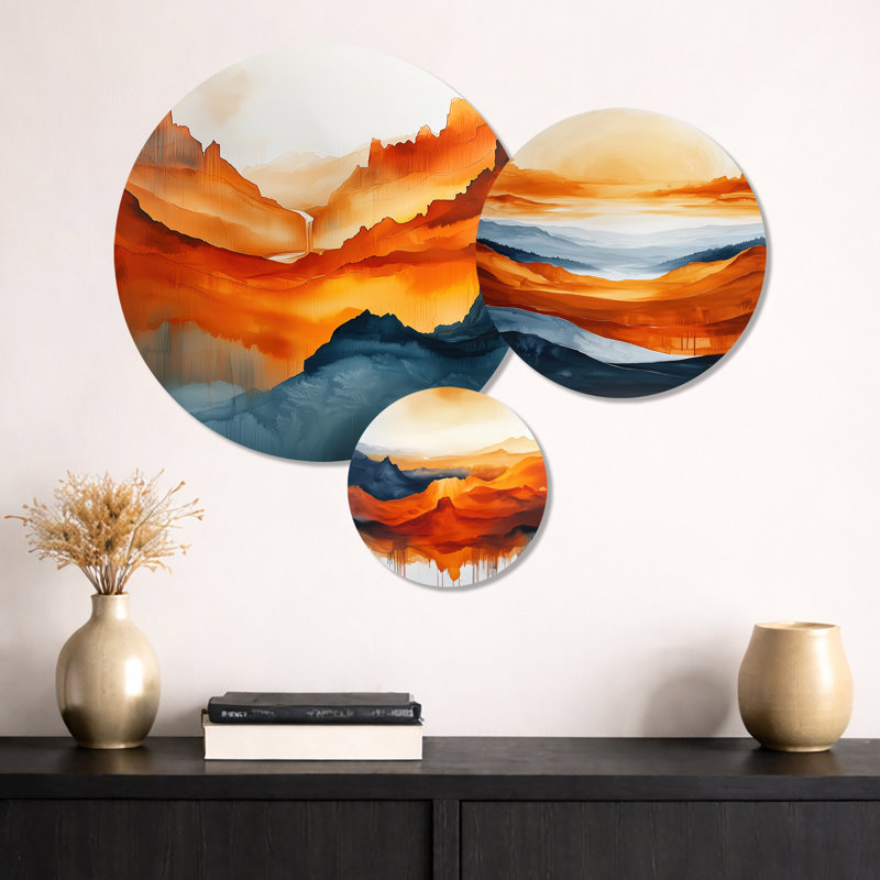 «Fading Autumn Mountain Landscape I», ensemble d'art mural en métal imprimé sur 3 montagnes orange