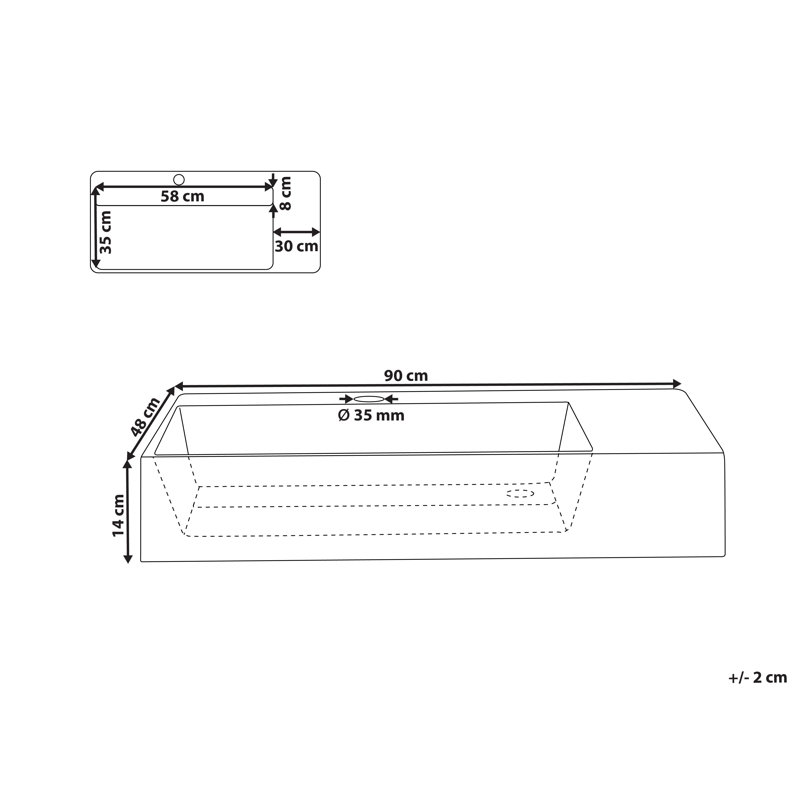 Wall Hung Basin CUSCO, White, 900cm H x 480cm W x 130cm D
